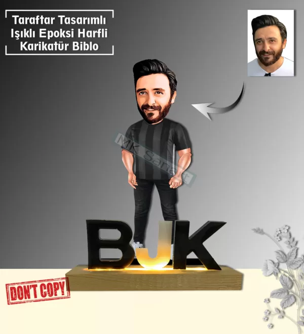 "Kişiye Özel Karikatür BJK 1903 Erkek Tasarımlı Sarı Lacivert Işıklı  Harfli Taraftar Biblo - Özel Tasarım Hediye" Taraftar Hediyesi