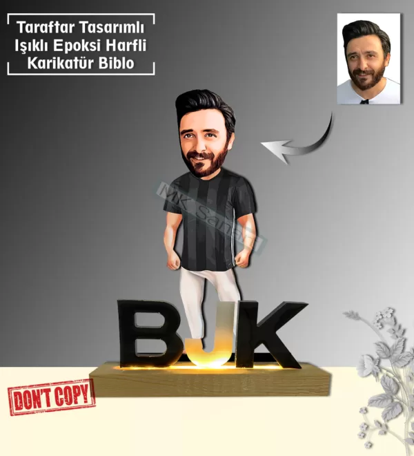 "Kişiye Özel Karikatür BJK 1903 Erkek Tasarımlı Sarı Lacivert Işıklı  Harfli Taraftar Biblo - Özel Tasarım Hediye" Taraftar Hediyesi