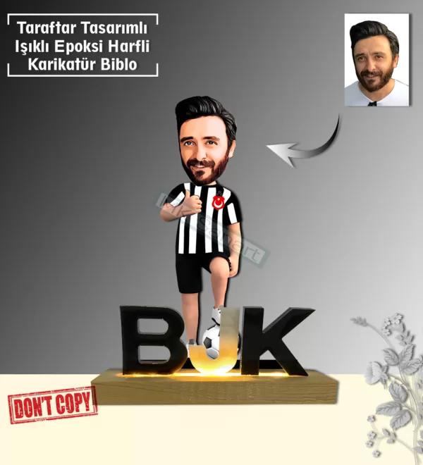 "Kişiye Özel Karikatür BJK 1903 Erkek Tasarımlı Sarı Lacivert Işıklı  Harfli Taraftar Biblo - Özel Tasarım Hediye" Taraftar Hediyesi