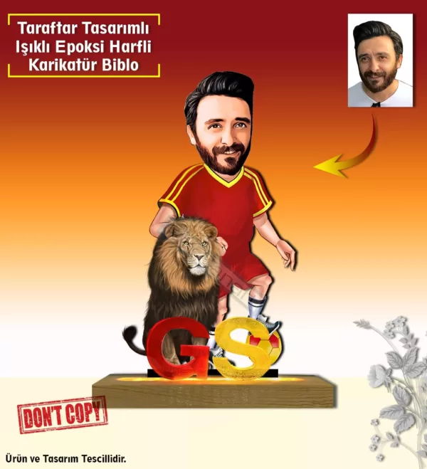 "Kişiye Özel Karikatür Epoksi Gs - 1905 Erkek Aslanlı Sarı Kırmızı Işıklı  Harfli Taraftar Biblo - Özel Tasarım Hediye" Taraftar Hediyesi