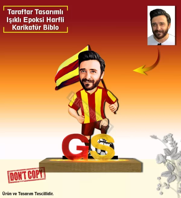 "Kişiye Özel Karikatür Epoksi Gs - 1905 Erkek Tasarımlı Sarı Kırmızı Işıklı  Harfli Taraftar Biblo - Özel Tasarım Hediye" Taraftar Hediyesi