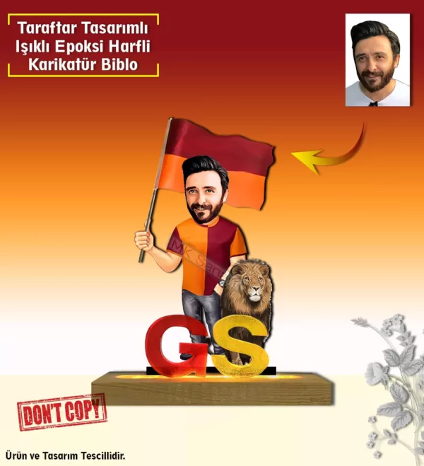 "Kişiye Özel Karikatür Epoksi Gs - 1905 Sarı Kırmızı Işıklı  Harfli Taraftar Biblo - Özel Tasarım Hediye" Taraftar Hediyesi