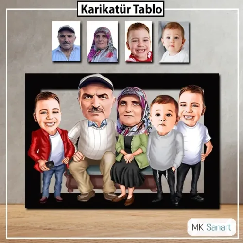Kişiye Özel Karikatür Dede, Nene ve Torunlar Tablosu - Unutu…