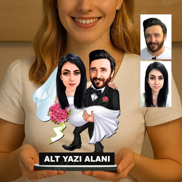 Fotoğraftan Tasarlanan 2 Kişilik Gelin Damat Düğün Konseptli Sevgili Karikatürlü 18 cm MDF Masaüstü Biblo - Sevgiliye ve Eşe Hediye | Çiftlere Özel Hediye
