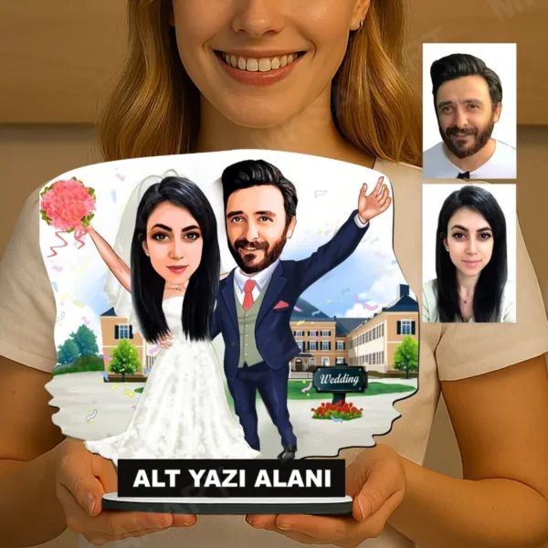 Kişiye Özel 2 Kişilik Gelin Damat Düğün Konseptli Sevgili Karikatürlü 18 cm MDF Masaüstü Biblo - Sevgiliye ve Eşe Hediye | Çiftlere Özel Hediye