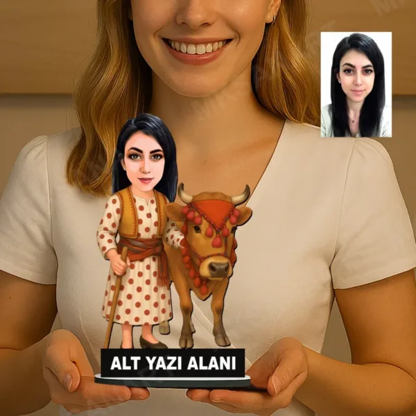 Kişiye Özel Karadenizli Yöresel Giyimli Kadın Hayvancı Karikatürlü 18 cm MDF Masaüstü Biblo - Masaüstü Hediye