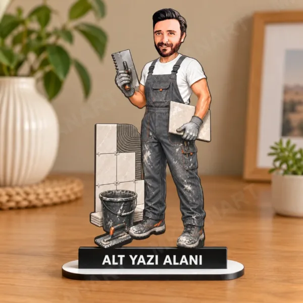 Kişiye Özel Fayans Ustası Karikatürlü 18 cm MDF Masaüstü Biblo - Ustası Hediyesi | Yeni İş ve Meslek Hediyesi