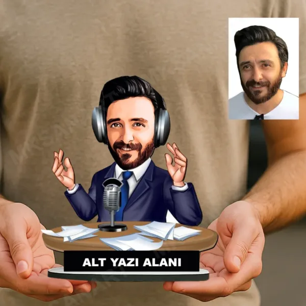 Kişiye Özel Spiker Karikatürlü 18 cm MDF Masaüstü Biblo - Spiker Hediyesi | Yeni İş ve Meslek Hediyesi