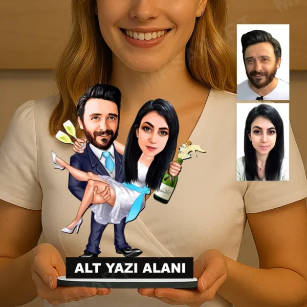 Şampanyalı 2 Kişilik Gelin Damat Düğün Karikatürlü Biblo