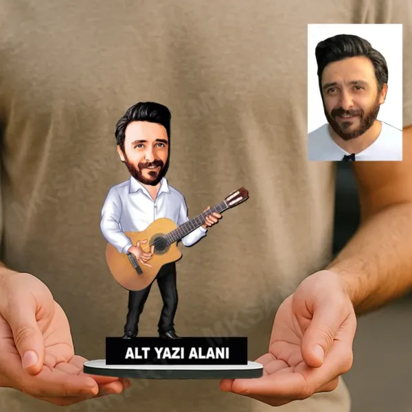 Fotoğraftan Kişiye Özel Erkek Gitarist Karikatürlü 18 cm MDF Masaüstü Biblo - Masaüstü Hediye