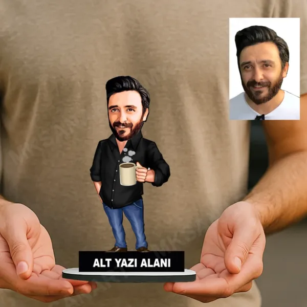 Kişiye Özel Erkek Kahve İçmeyi Seven Karikatürlü 18 cm MDF Masaüstü Biblo - Masaüstü Hediye