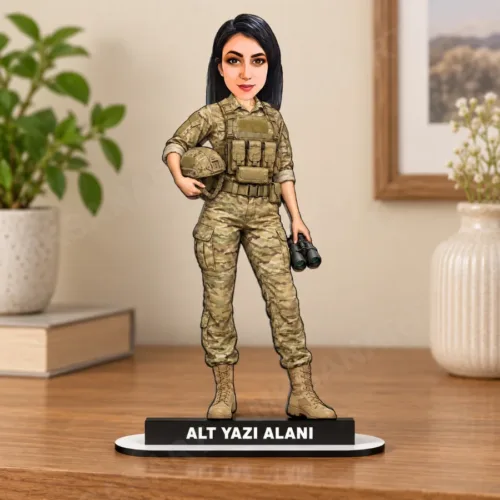 Kişiye Özel Kadın Asker Karikatürlü 18 cm MDF Masaüstü Biblo…