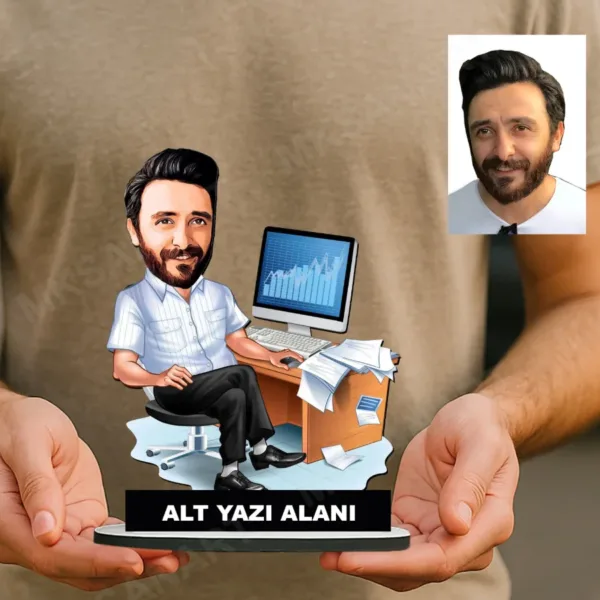 Kişiye Özel Banka Çalışanı Karikatürlü 18 cm MDF Masaüstü Biblo - Banka Çalışanı Hediyesi | İş Arkadaşına ve Meslek Sahibine Hediye
