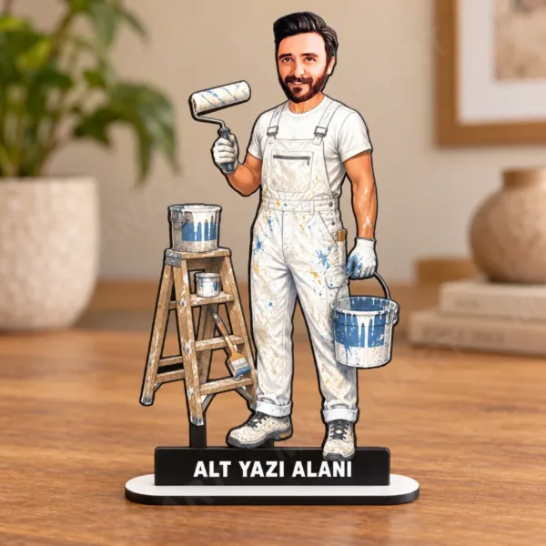Kişiye Özel Erkek Boyacı Karikatürlü 18 cm MDF Masaüstü Biblo - Boyacı Hediyesi | Yeni İş ve Meslek Hediyesi