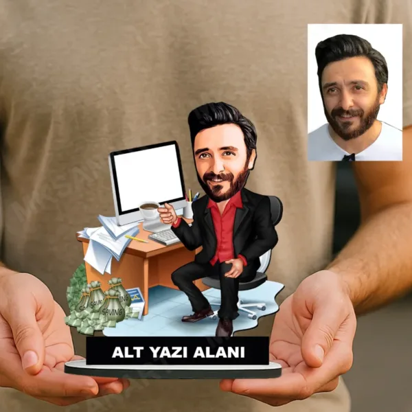 Fotoğraftan Kişiye Özel Banka Çalışanı Karikatürlü 18 cm MDF Masaüstü Biblo - Banka Çalışanı Hediyesi | İş Arkadaşına ve Meslek Sahibine Hediye