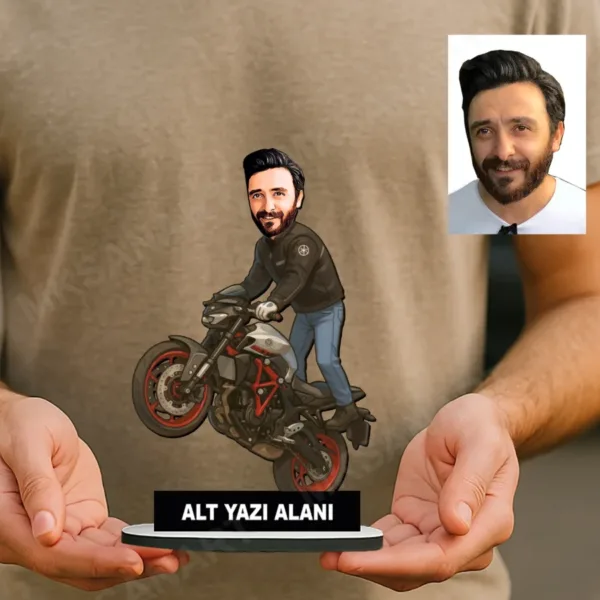 Fotoğraftan Kişiye Özel Motor Karikatürlü 18 cm MDF Masaüstü Biblo - Motor Hediyesi | Yeni İş ve Meslek Hediyesi