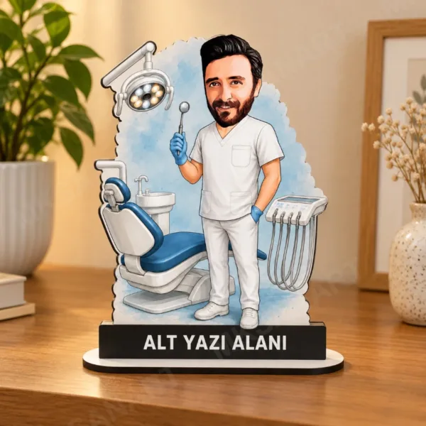 Kişiye Özel Diş Doktoru Karikatürlü 18 cm MDF Masaüstü Biblo - Diş Hekimine Hediye | Diş Doktoru Hediyesi