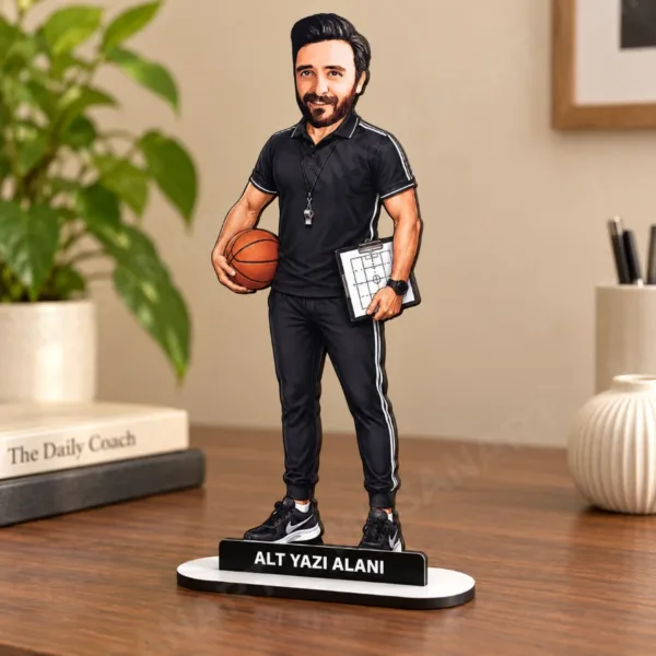 Fotoğraftan Kişiye Özel Basketbol Antrenörü Karikatürlü 18 cm MDF Masaüstü Biblo - Antrenör Hediyesi | Spor Hocasına ve Teknik Direktöre Hediye