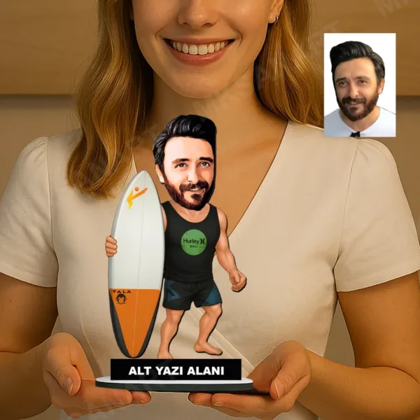 Kişiye Özel Sup Board Süren Erkek2 Karikatürlü 18 cm MDF Masaüstü Biblo - Masaüstü Hediye