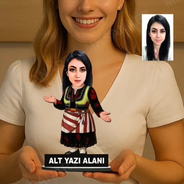 Kişiye Özel Karadenizli Yöresel Giyimli Kadın Karikatürlü 18 cm MDF Masaüstü Biblo - Masaüstü Hediye