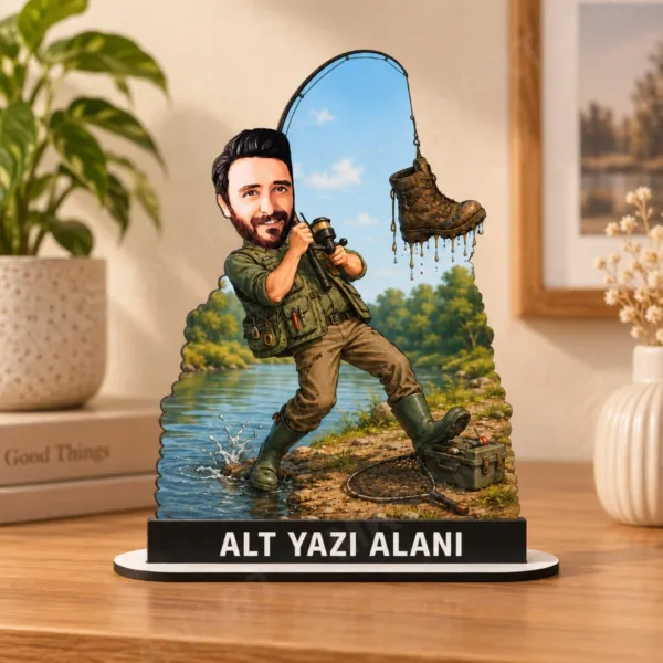 Kişiye Özel Baık Tutan Adam Karikatürlü 18 cm MDF Masaüstü Biblo - Balıkçı Hediyesi | Yeni İş ve Meslek Hediyesi