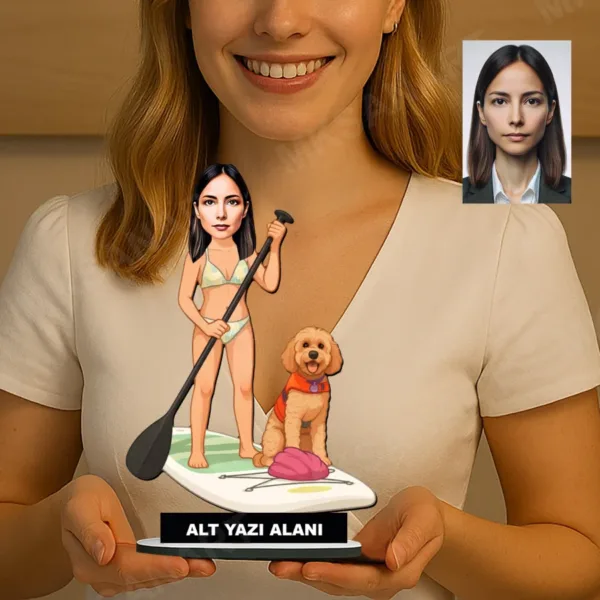 Kişiye Özel Köğegi İle Subboard Yapan Kadın Karikatürlü 18 cm MDF Masaüstü Biblo - Masaüstü Hediye