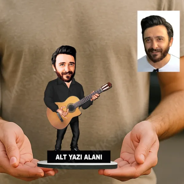 Kişiye Özel Gitarist Karikatürlü 18 cm MDF Masaüstü Biblo - Masaüstü Hediye