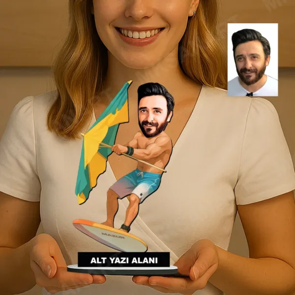 Kişiye Özel Sup Board Süren Erkek7 Karikatürlü 18 cm MDF Masaüstü Biblo - Masaüstü Hediye