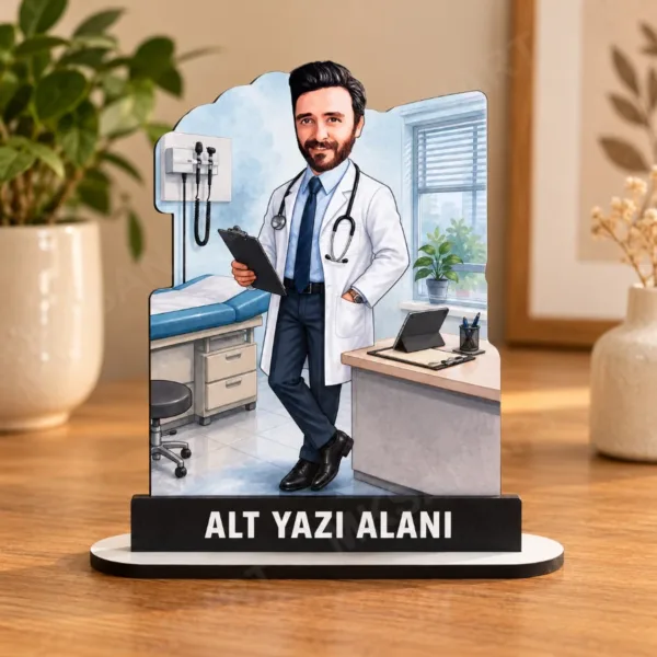 Kişiye Özel Doktor Karikatürlü 18 cm MDF Masaüstü Biblo - Hekim Hediyesi | Doktora Özel Hediye