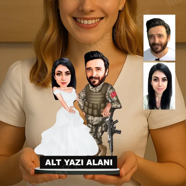 Kişiye Özel 2 Kişilik Asker Ve Gelin Sevgili Karikatürlü 18 cm MDF Masaüstü Biblo - Askere ve Komutana Hediye | Asker Hediyesi