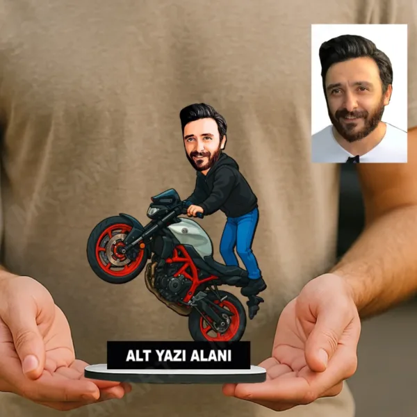 Kişiye Özel Motor Karikatürlü 18 cm MDF Masaüstü Biblo - Motor Hediyesi | Yeni İş ve Meslek Hediyesi
