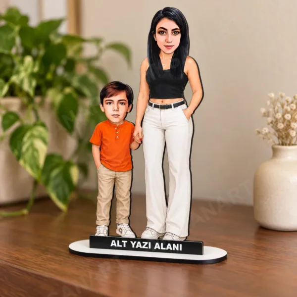 Kişiye Özel Anne Çocuk Karikatürlü 18 cm MDF Masaüstü Biblo - Anne Hediyesi