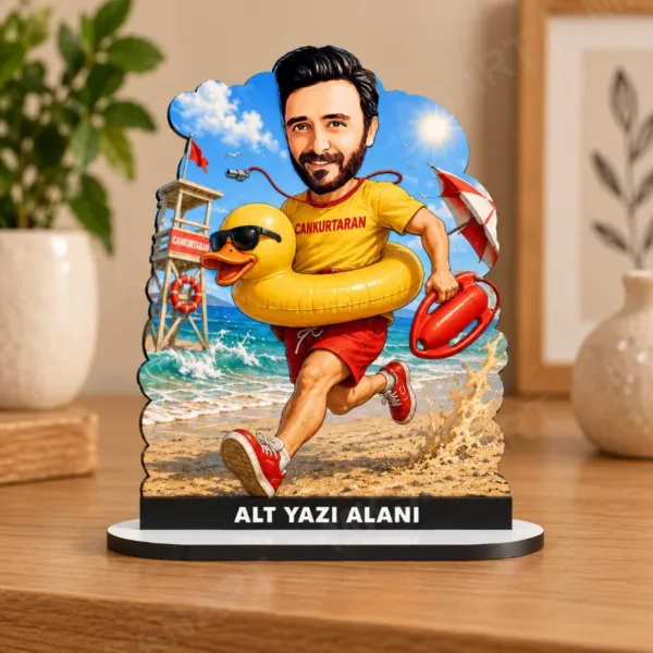 Kişiye Özel Tatilci Karikatürlü 18 cm MDF Masaüstü Biblo - Masaüstü Hediye