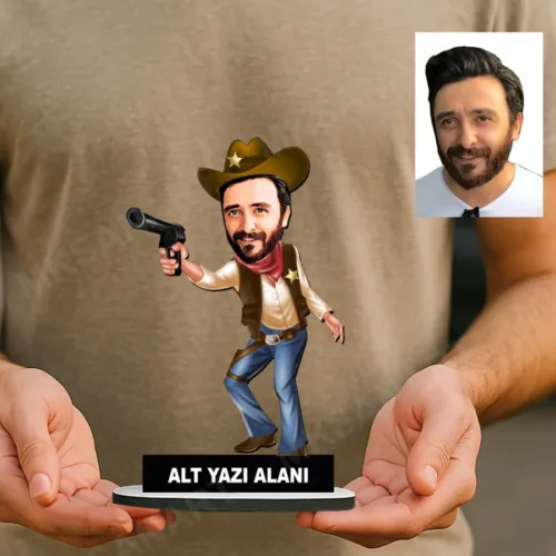 Kişiye Özel Erkek Kovboy Karikatürlü 18 cm MDF Masaüstü Bibl…