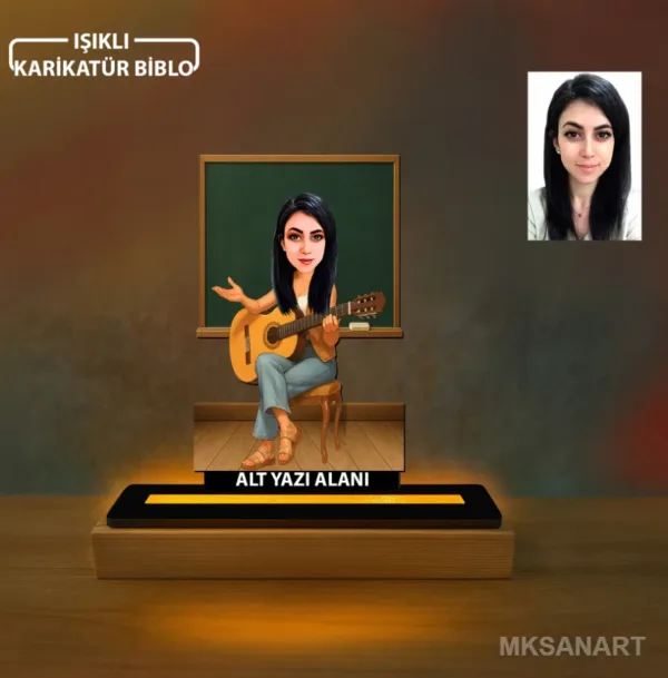 Kişiye Özel Kadın Müzik Öğretmen Karikatürlü 14 cm MDF Işıklı Biblo - Öğretmen Hediyesi | Öğretmene Özel Hediye