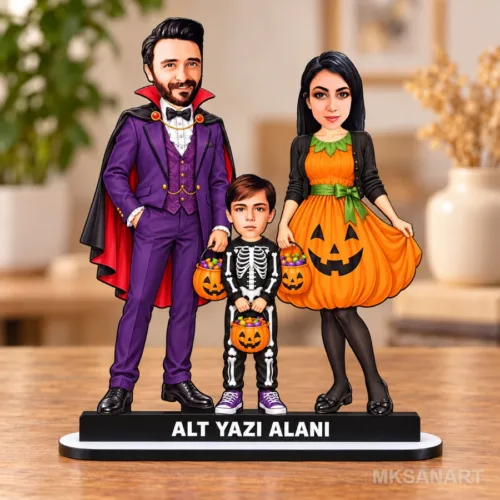 Kişiye Özel 3 Kişilik Halloween Aile Karikatürlü 18 cm MDF M…