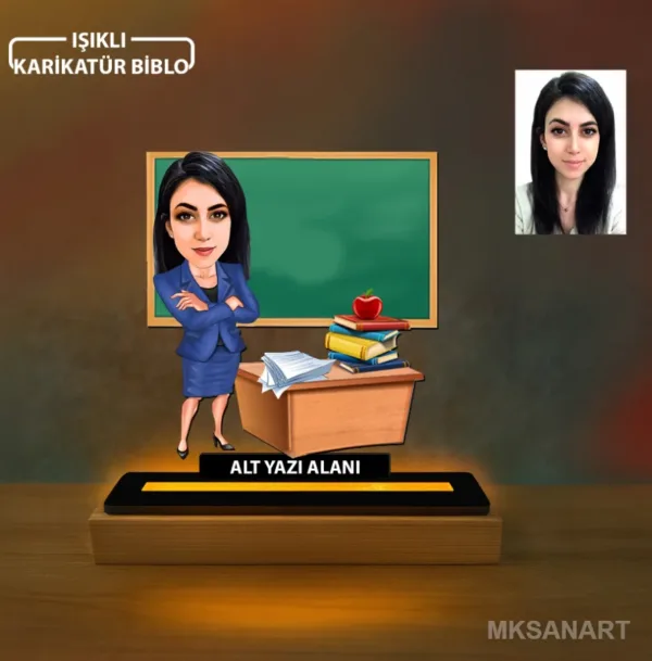 Kadın Öğretmen Temalı Kişiye Özel Karikatürlü 14 cm MDF Işıklı Biblo - Öğretmen Hediyesi | Öğretmene Özel Hediye 2. Model