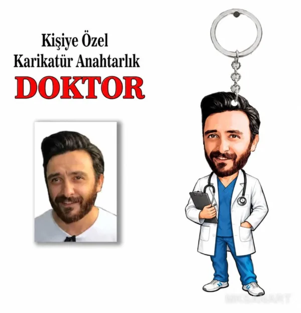 Fotoğraftan Kişiye Özel Kişiye Doktor Anahtarlığı Karikatürlü 8 cm MDF Anahtarlık - Doktor Hediyesi | Doktora Özel Hediye