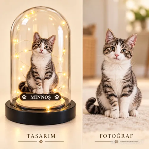 Kişiye Özel Kedi Karikatürlü 18 cm MDF Fanus Biblo - Kişiye…