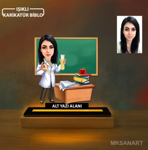 Kişiye Özel Kadın Labaratuvar Öğretmen Karikatürlü 14 cm MDF Işıklı Biblo - Öğretmen Hediyesi | Öğretmene Özel Hediye