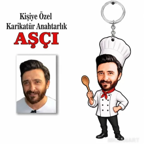Kişiye Özel Fotoğraflı Kişiye Aşçı Karikatür Anahtarlık Kari…