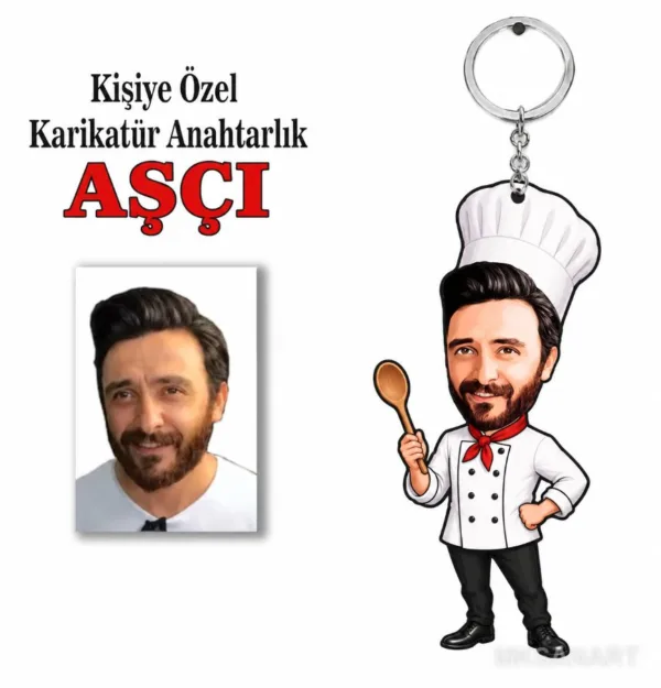 Kişiye Özel Fotoğraflı Kişiye Aşçı Karikatür Anahtarlık Karikatürlü 8 cm MDF Anahtarlık - Kişiye Aşçı Karikatür Anahtarlık Hediyesi | Aşçı ve Şef Hediyesi
