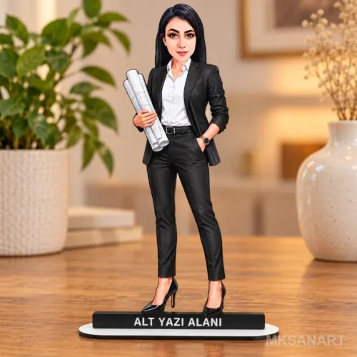 Kişiye Özel Kadin Mimar Siyah Takim Karikatürlü 18 cm MDF Ma…