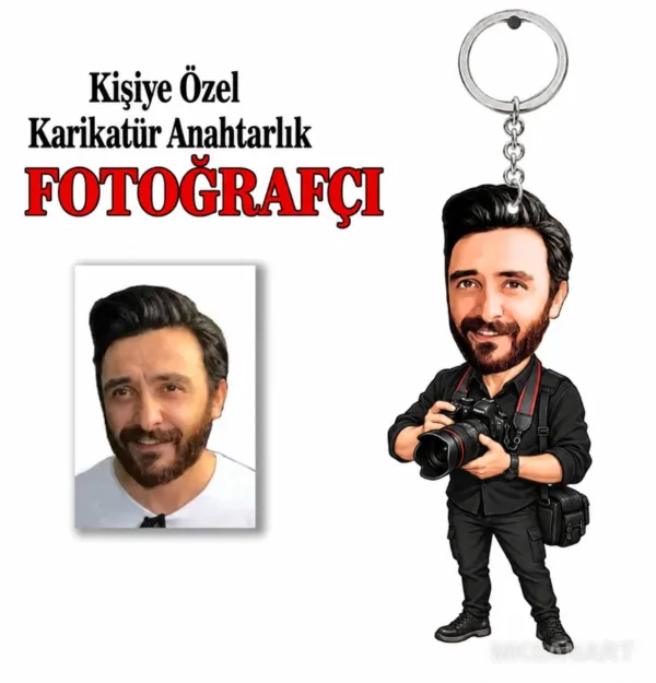 Fotoğraftan Kişiye Özel Kişiye Fotoğrafçı Anahtarlık Karikatürlü 8 cm MDF Anahtarlık - Kişiye Fotoğrafçı Anahtarlık Hediyesi | İş Arkadaşına ve Meslek Sahibine Hediye