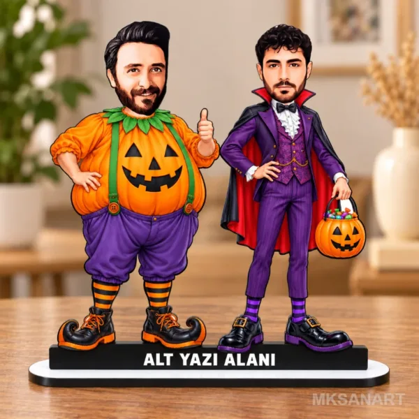 Kişiye Özel Halloween Balkabağı Vampir Karikatürlü 18 cm MDF Masaüstü Biblo - Masaüstü Hediye