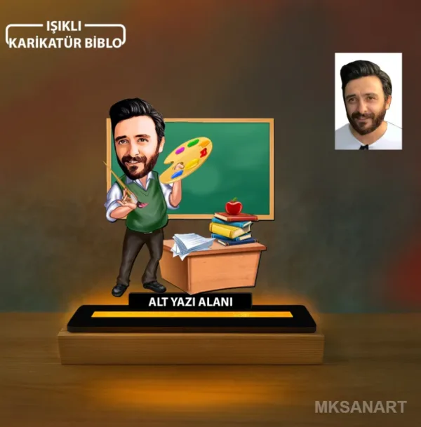 Kişiye Özel Resim Ogretmenler Günü Karikatürlü 14 cm MDF Işıklı Biblo - Öğretmen Hediyesi | Öğretmenler Günü Hediyesi