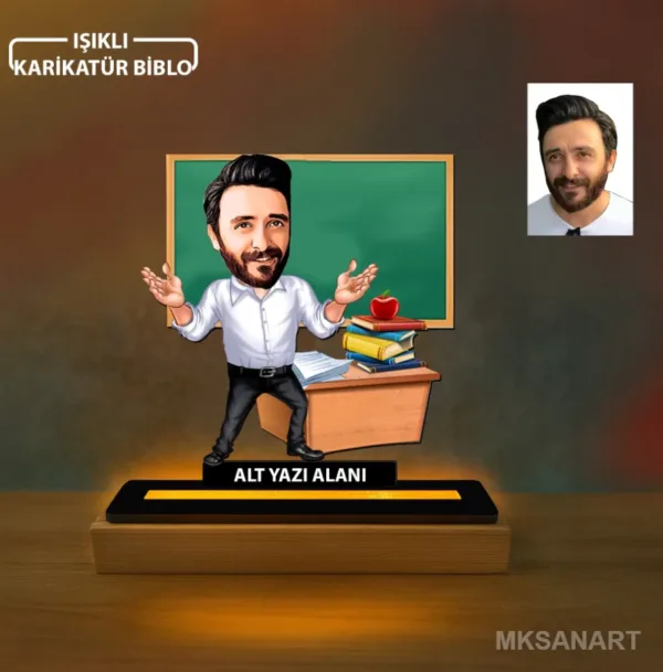 Erkek Sınıf Öğretmeni Karikatürlü Kişiye Özel Karikatürlü 14 cm MDF Işıklı Biblo - Öğretmen Hediyesi | Öğretmene Özel Hediye 2. Model