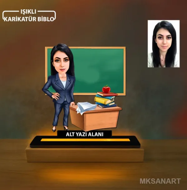 Kişiye Özel Fotoğraflı Kadın Öğretmen Karikatürlü 14 cm MDF Işıklı Biblo - Öğretmen Hediyesi | Öğretmene Özel Hediye
