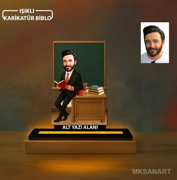 Erkek Sınıf Öğretmeni Temalı Kişiye Özel Karikatürlü 14 cm MDF Işıklı Biblo - Öğretmen Hediyesi | Öğretmene Özel Hediye