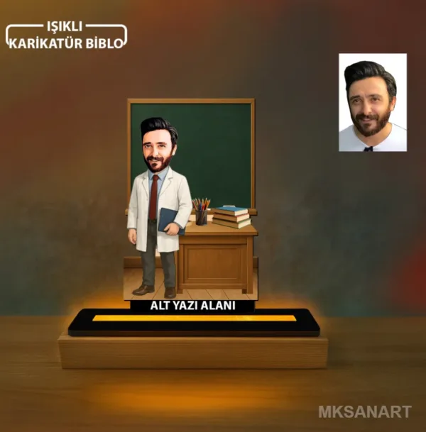 Kişiye Özel Ogretmenler Günü Karikatürlü 14 cm MDF Işıklı Biblo - Öğretmen Hediyesi | Öğretmenler Günü Hediyesi